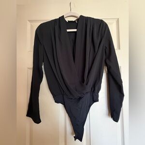 Dress Forum Black Draped V-Neck Long Sleeve Bodysuit
